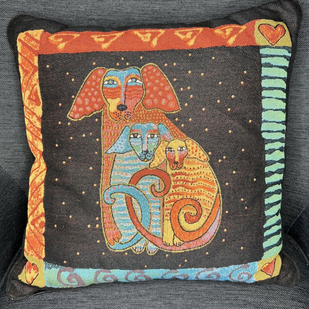 Laurel Burch Colorful Dogs Tapestry Throw Pillow 18" Square Art